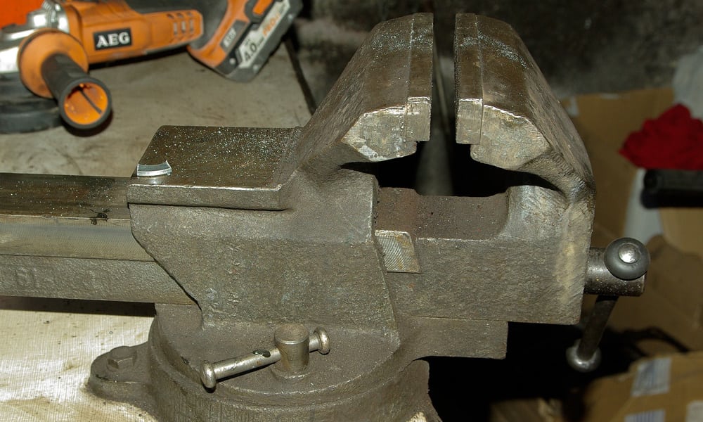close up of a large bench vise