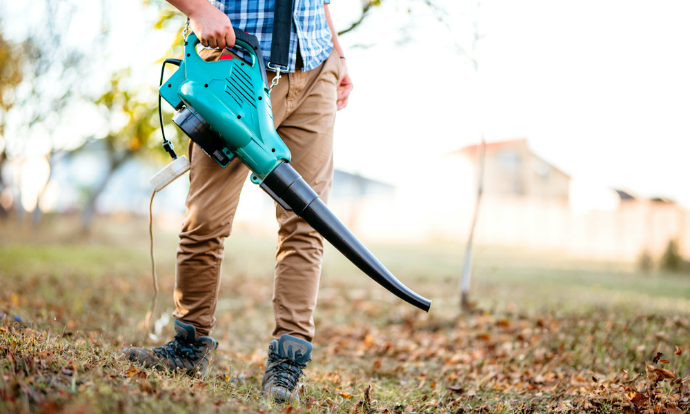 Some holding a corded leaf blower