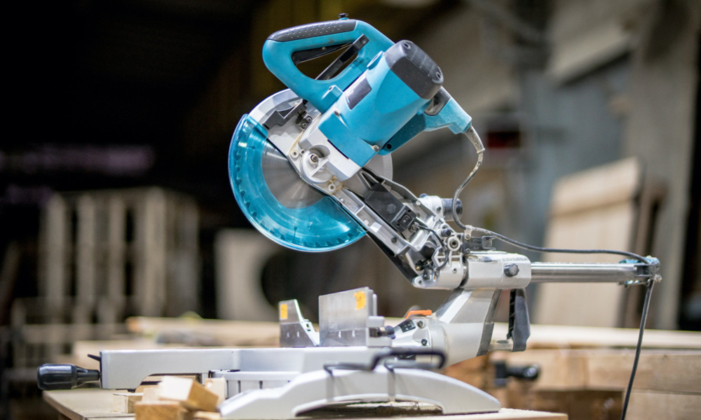 blue and silver sliding miter saw