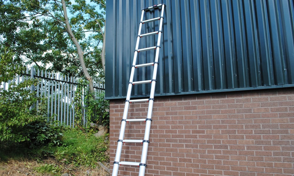 telescoping ladder resting on a building