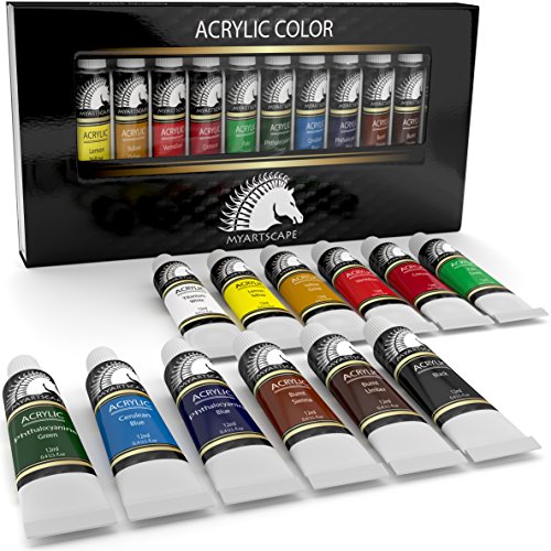 Acrylic Paint Set Artist Quality Paints For Painting Canvas Wood Clay Fabric Nail Art Ceramic Crafts 12 X 12ml Heavy Body Colors Rich Pigments Professional Supplies By MyArtscape 