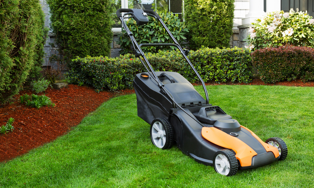 black and orange lawn mower on grass