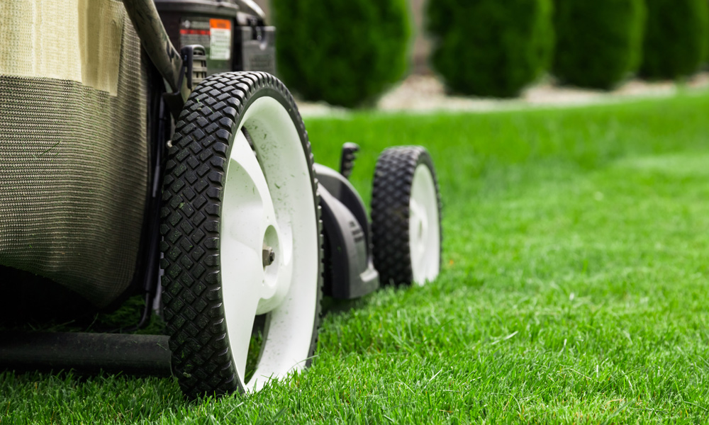 Close up of lawn mower wheels on grass
