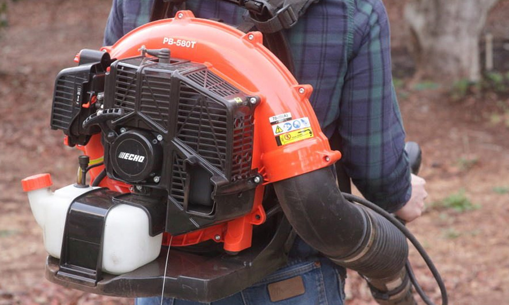 close up of a backpack leaf blower