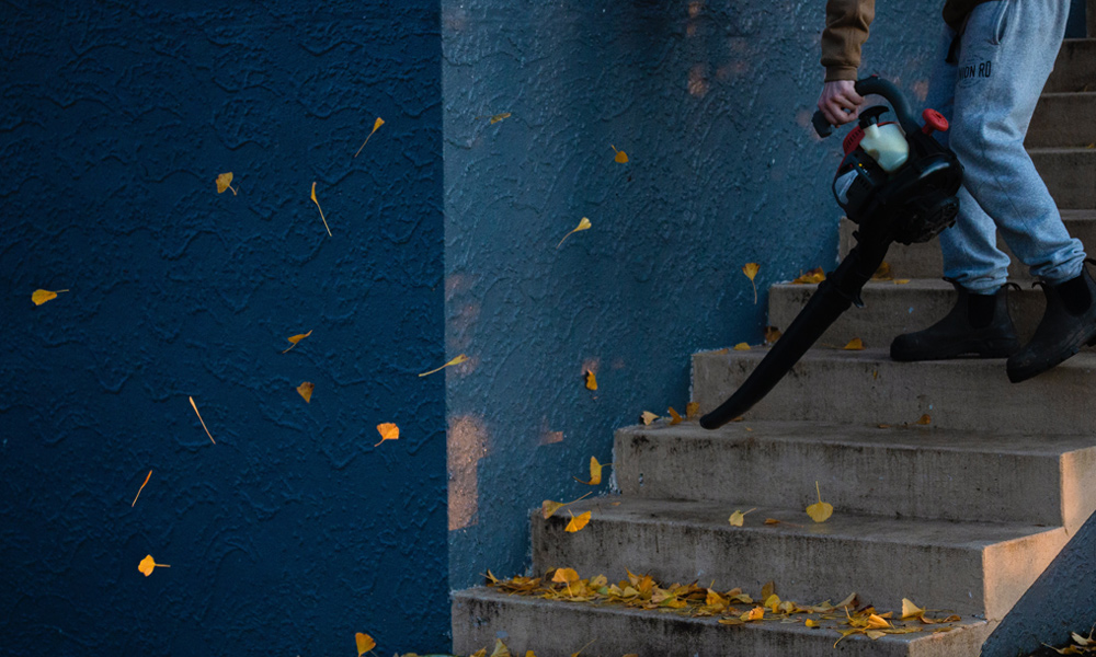 leaf blower clearing leaves of concrete stairs